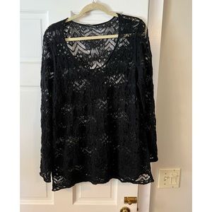 Eileen Fisher Black Wool Lace V Neck Top~XL